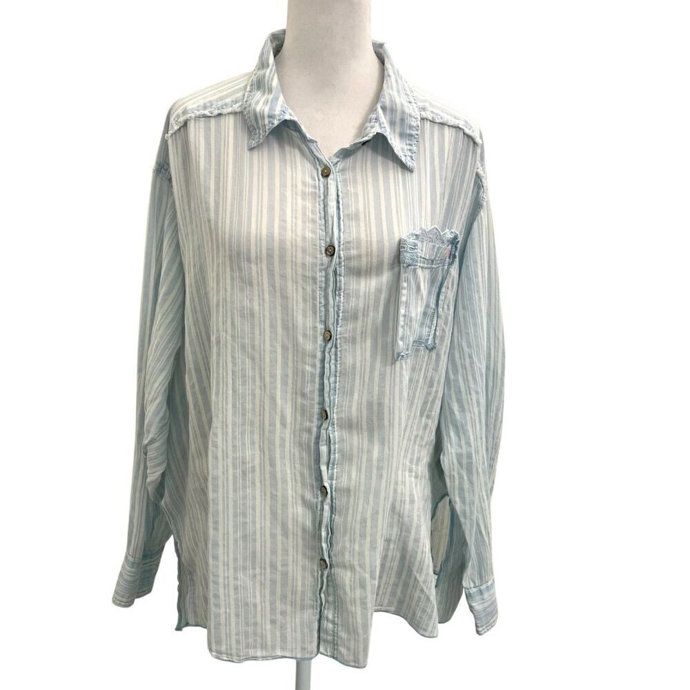 Free People Western Relaxed Oversized Stripe Button Front Shirt size XS